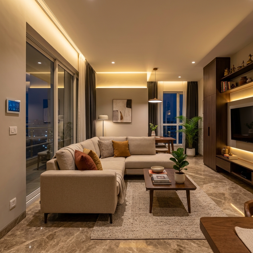 Modern living room in a Hyderabad home with smart lighting and automation controls