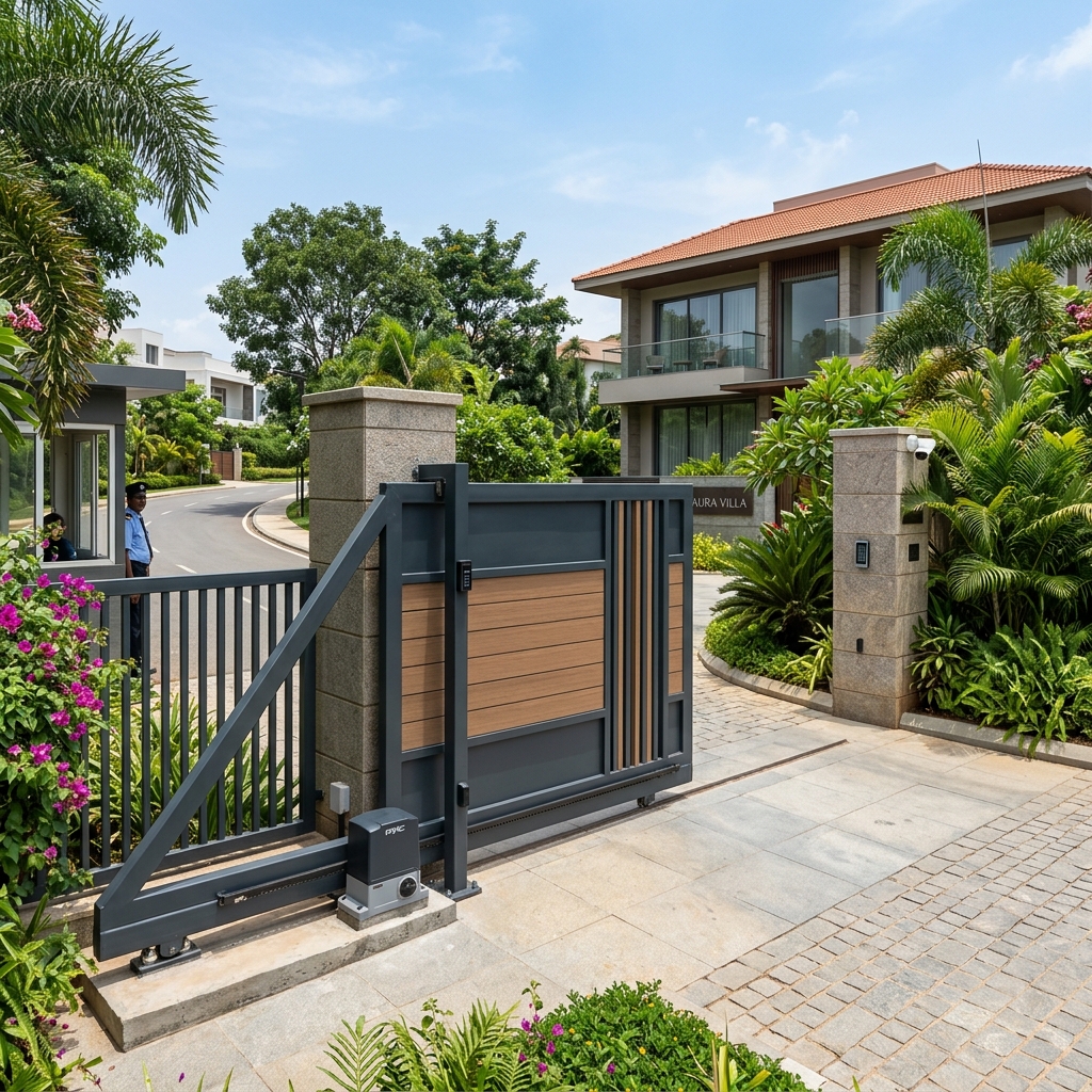 Automated sliding gate at a villa entrance